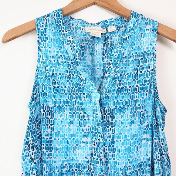 Cynthia Rowley Size S Silk Sleeveless V-neck Blouse Teal Blue White - Picture 3 of 9